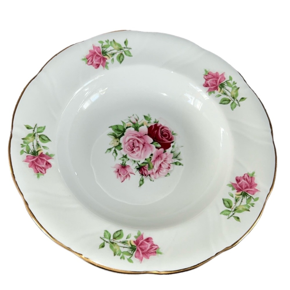 CERAMIC BOWL MARIA PATTERN FORMALITIES BY BAUM BROS ROSES & LEAVES, GOLD TRIM